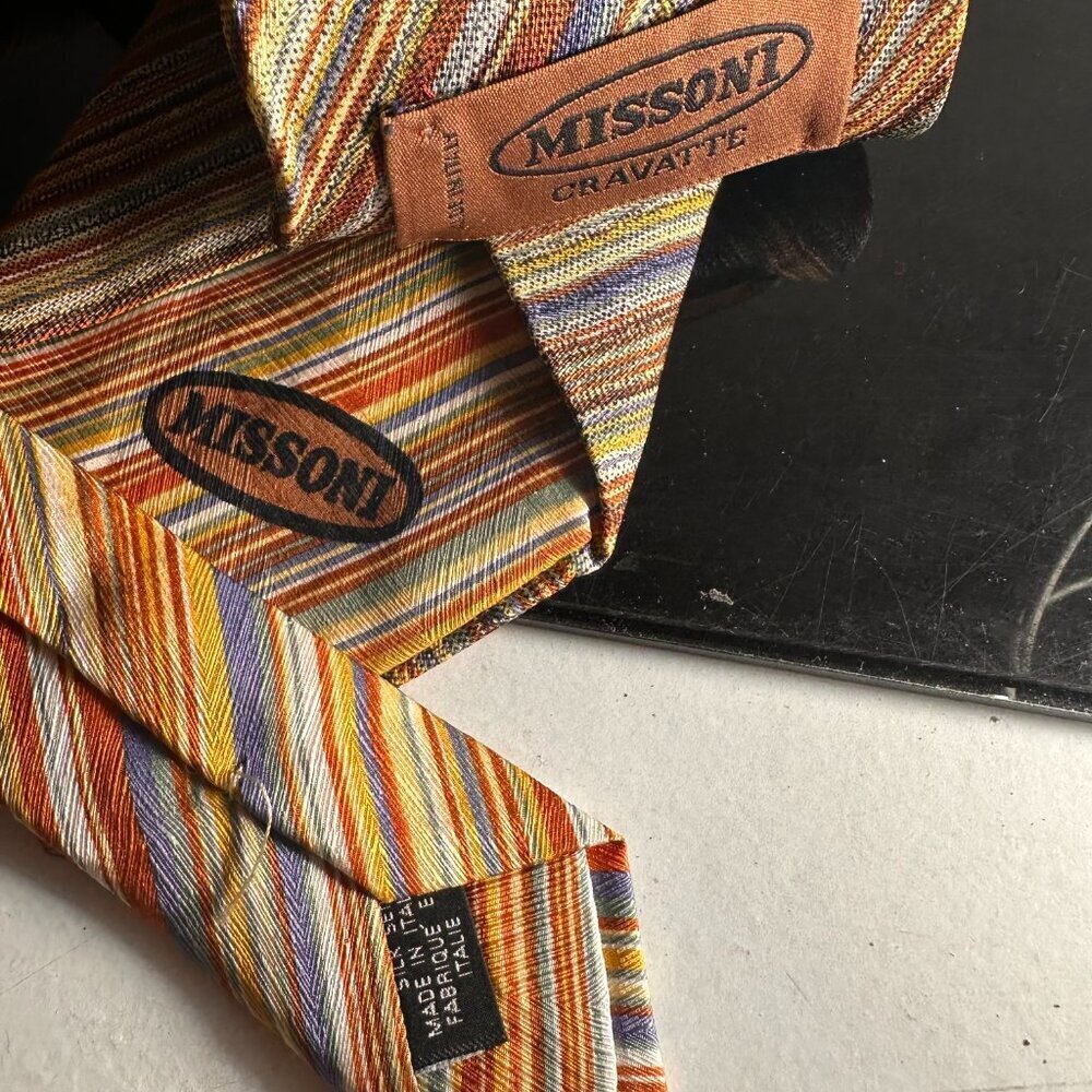 Missoni Mens Tie Silk Neckwear Brown Stripe Earth Toned Blue Gray - Picture 5 of 5